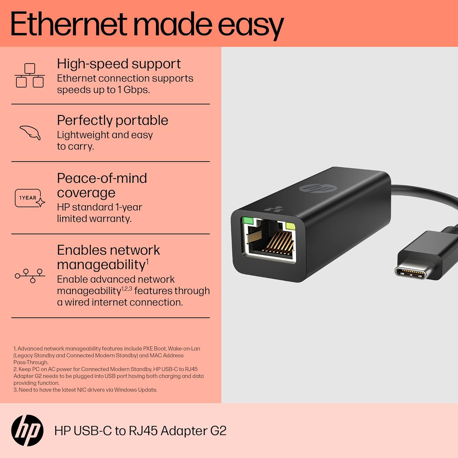 HP USB-C to RJ45 Adapter G2 (4Z527AA) - USB Type C - 1 Gbit/s Data Transfer Rate - 1 Port(s) - 1 - Twisted Pair