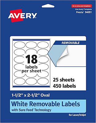 Avery Matte White Removable Oval Labels, Sure Feed Technology, 1.5" x 2.5", Laser/Inkjet Printable