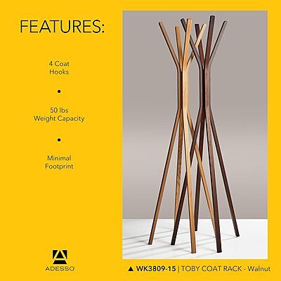 Adesso Toby Coat Rack, 68.25" T x 16.5" W x 16.5" D, Walnut