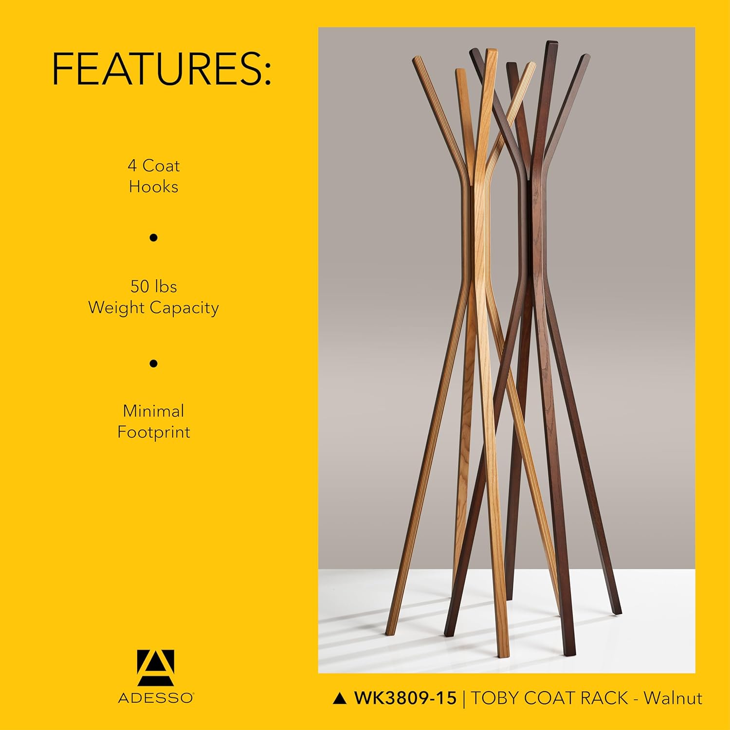 Adesso Toby Coat Rack, 68.25" T x 16.5" W x 16.5" D, Walnut