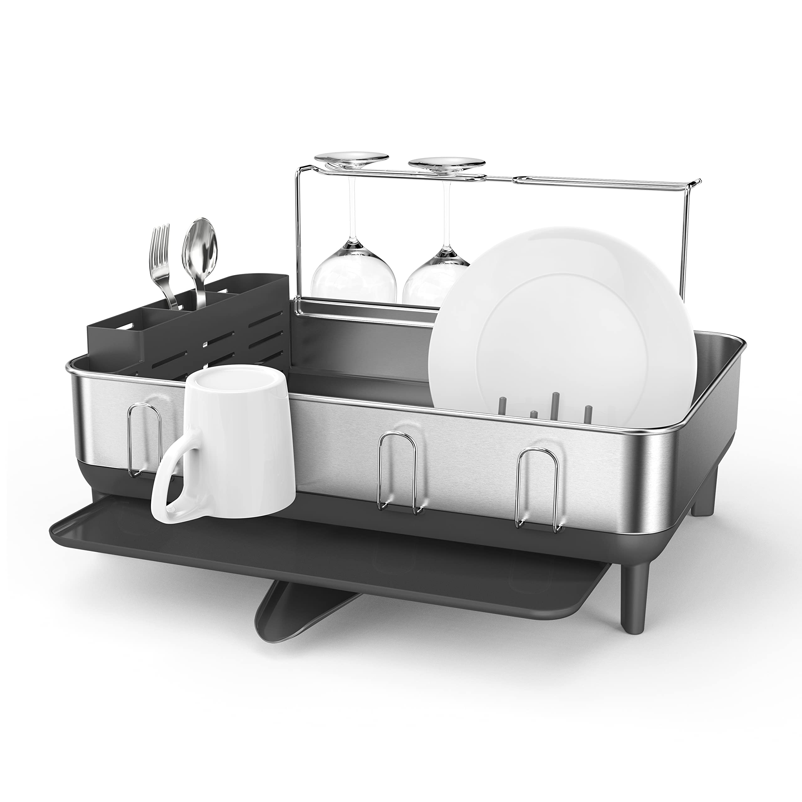 simplehuman Large Capacity Dish Drying Rack with Stainless Steel Frame, 360º Easy Drain Swivel Spout
