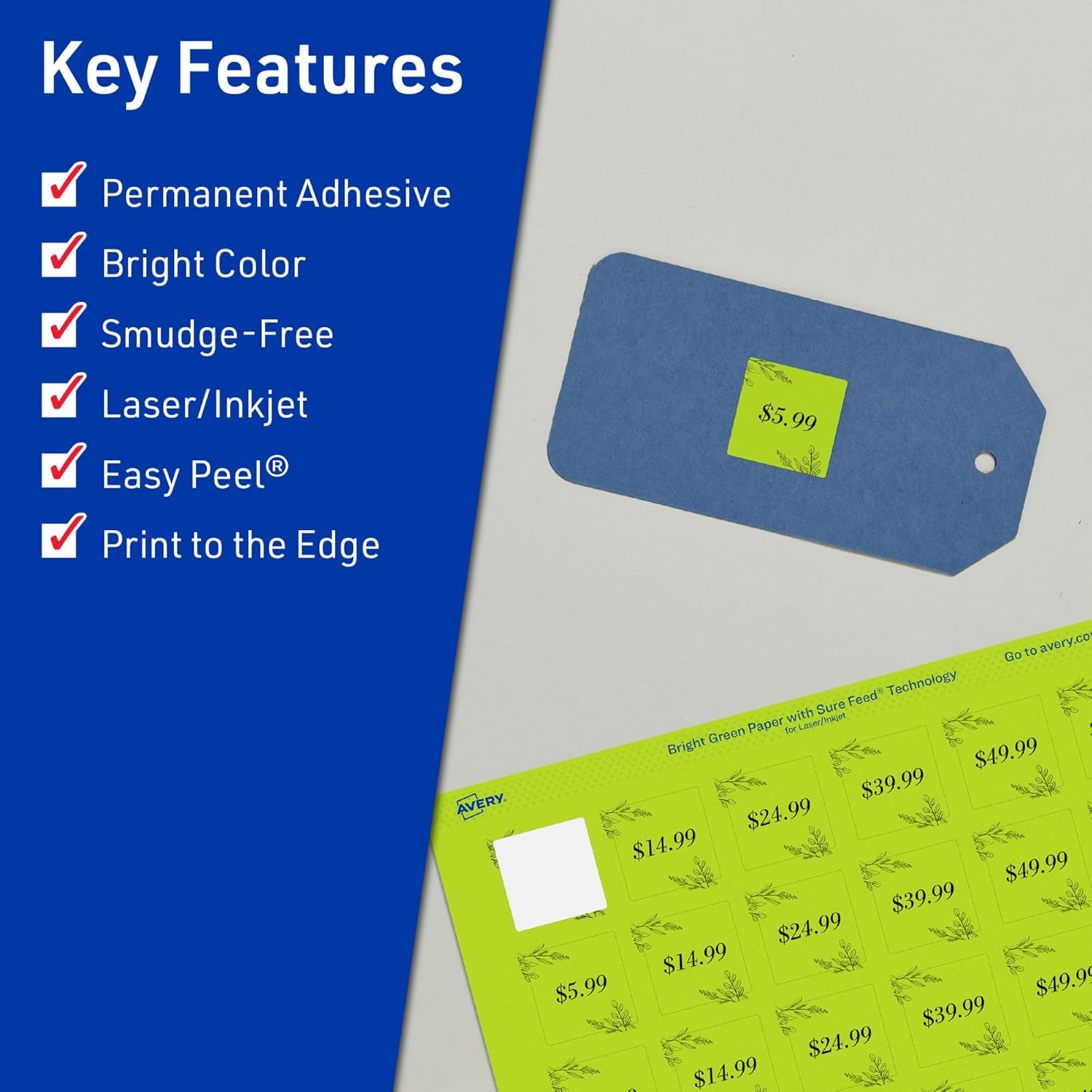 Avery Printable Square Labels, Sure Feed Technology, 3/4" x 3/4", Bright Green Labels, Print-to-The-Edge, Laser/Inkjet, 800 Total, Great for Stickers and Mailing Seals 800 labels