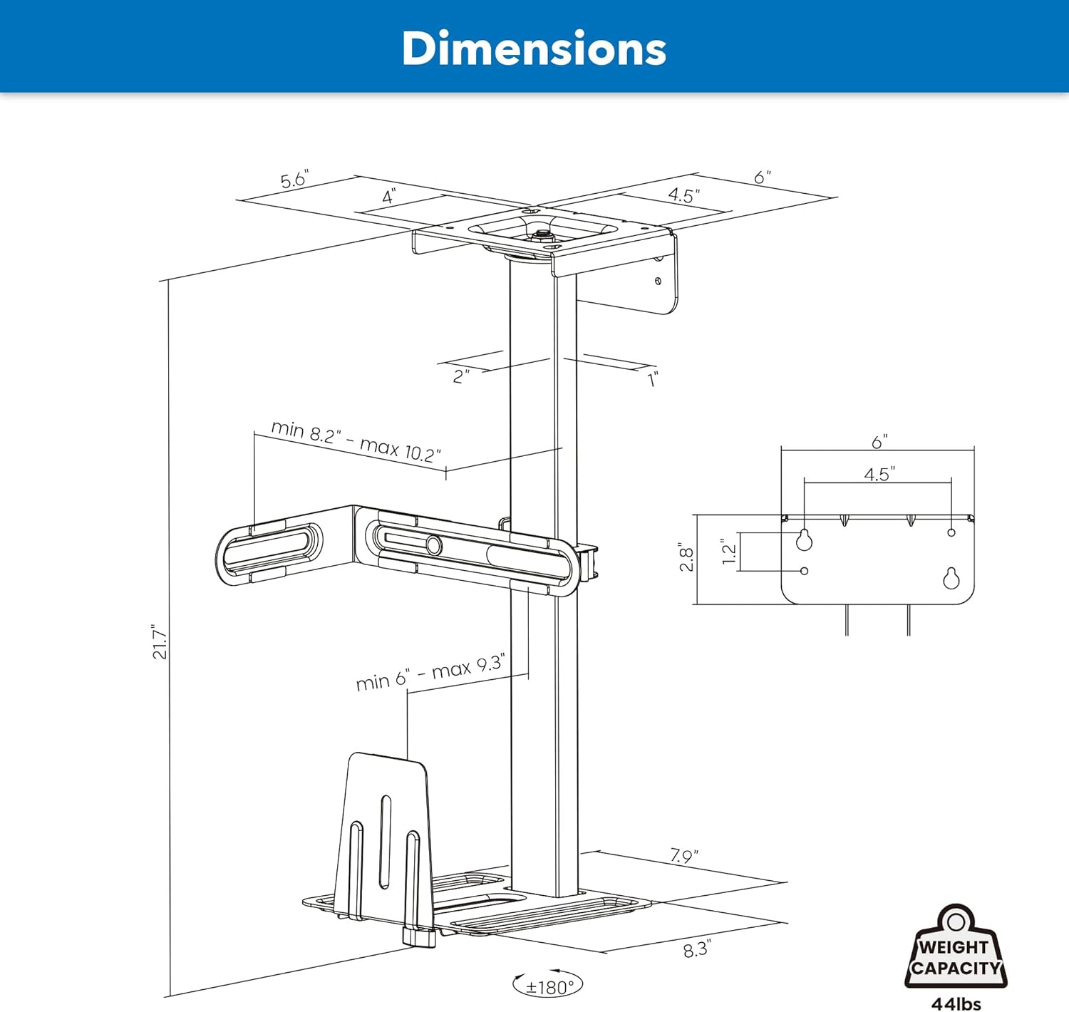 Mount-It! CPU Under Desk Mount Bracket, Rotating Heavy Duty Computer Tower Wall Mount, 360° Swivel Easy Cable Access