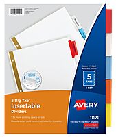 Avery 5-Tab Binder Dividers, Insertable Multicolor Big Tabs, 1 Set (11121) Dividers 1 Pack