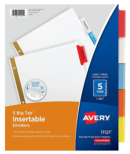 Avery 5-Tab Binder Dividers, Insertable Multicolor Big Tabs, 1 Set (11121) Dividers 1 Pack