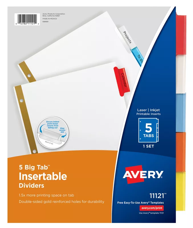 Avery 5-Tab Binder Dividers, Insertable Multicolor Big Tabs, 1 Set (11121) Dividers 1 Pack