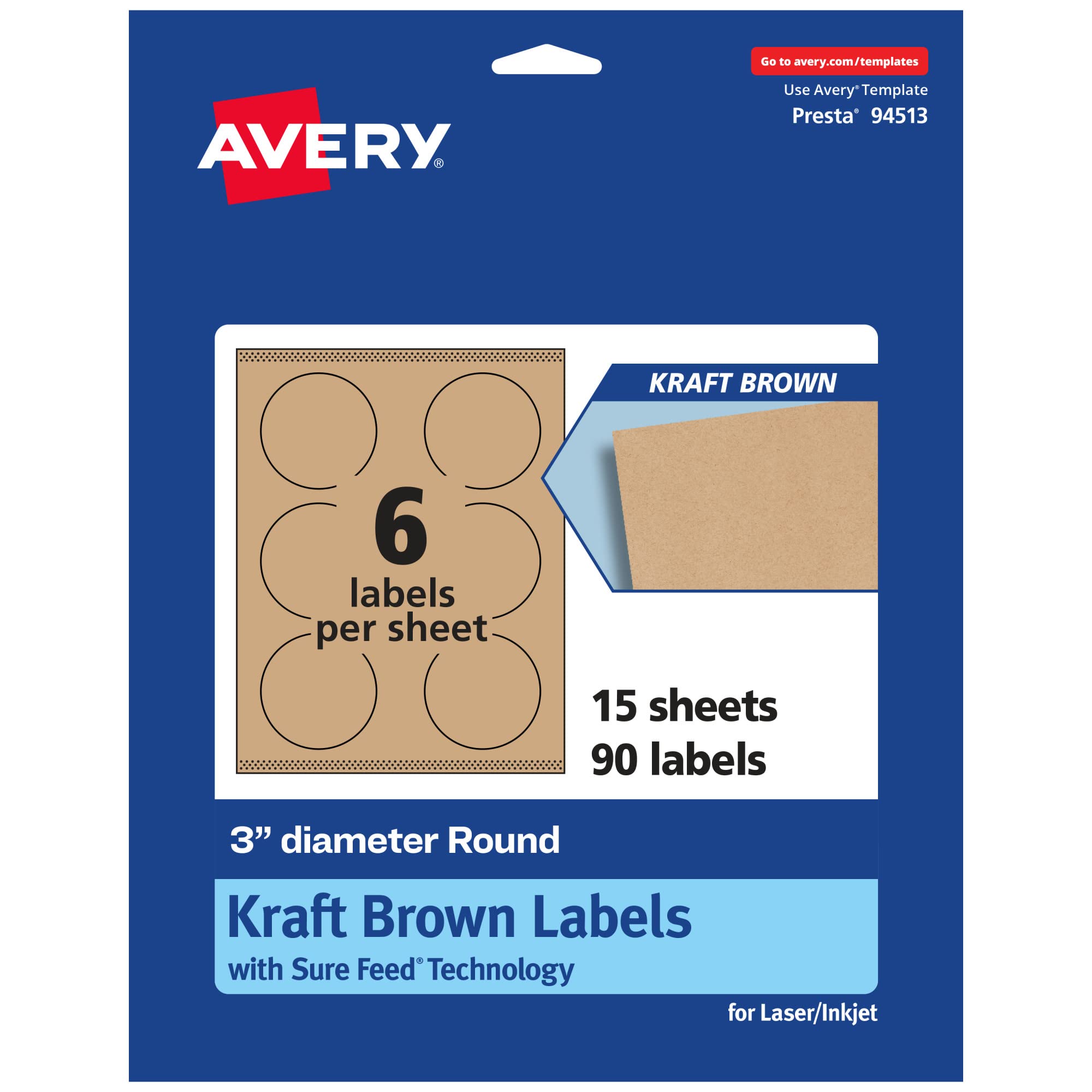 Avery Kraft Brown Round Labels, Sure Feed Technology, 3" Diameter, Print-to-The-Edge, Laser/Inkjet Printable