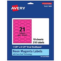 Avery Printable Oval Scalloped Labels, Sure Feed Technology, 1-1/8 in x 2-1/4 in, Neon Magenta, Print-to-the-Edge