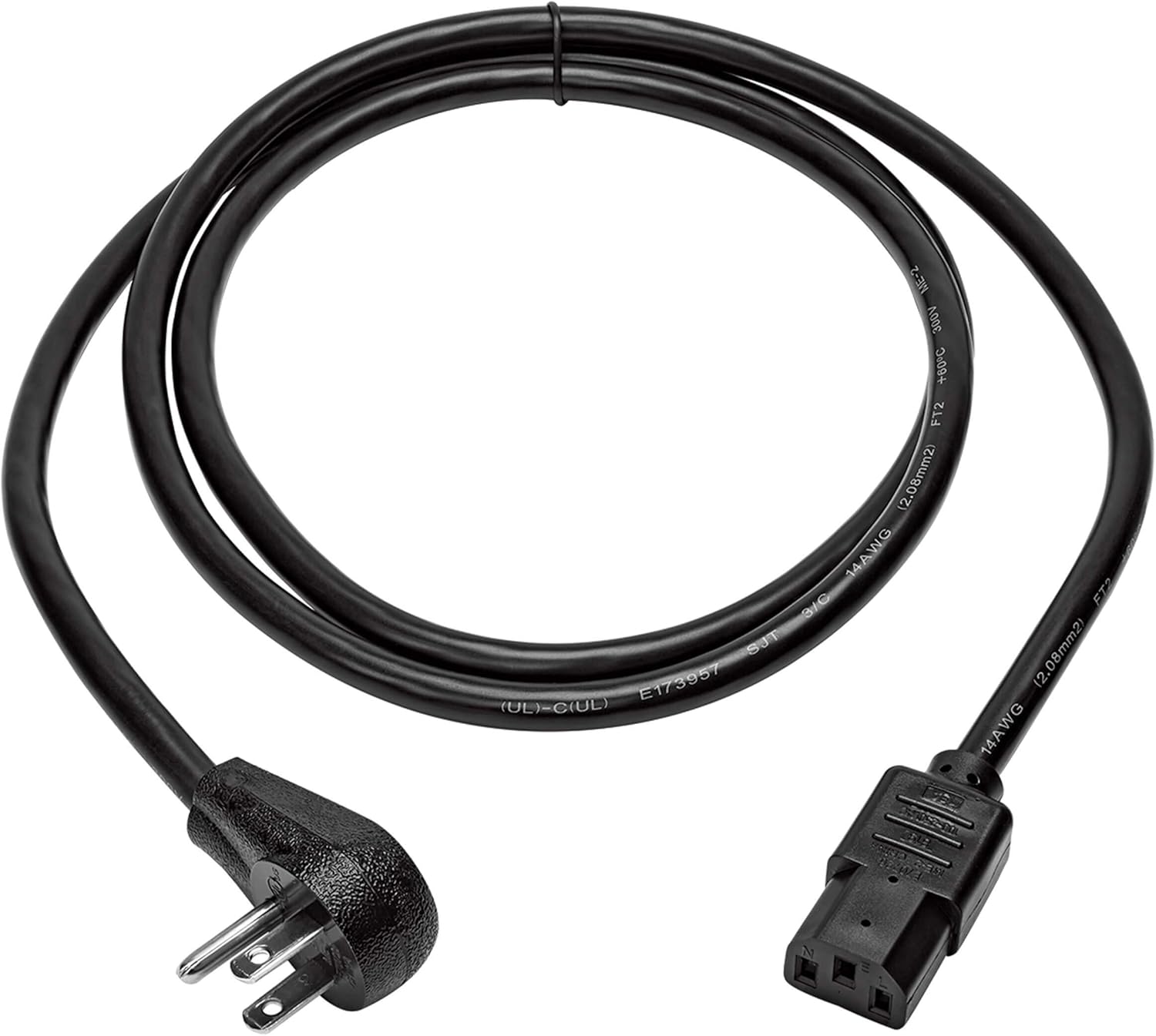 Tripp Lite Desktop Computer Power Cord, Right-Angle 5-15P to C13 - Heavy Duty, 15A, 125V, 14 AWG, 6 ft, Black (P007-006-15D)
