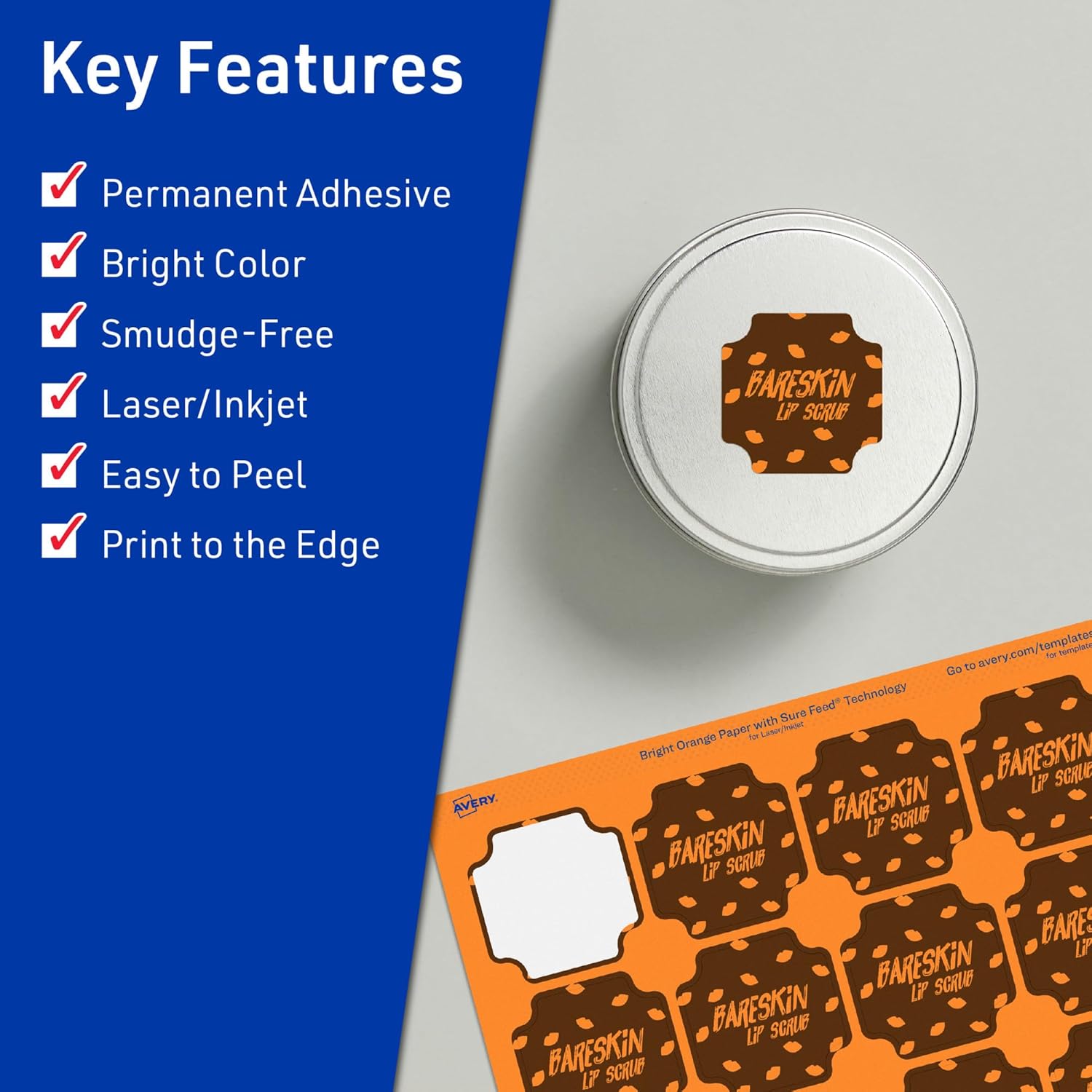 Avery Printable Square Scalloped Labels, Sure Feed Technology, 1-5/8" x 1-5/8", Bright Orange, Print-to-The-Edge