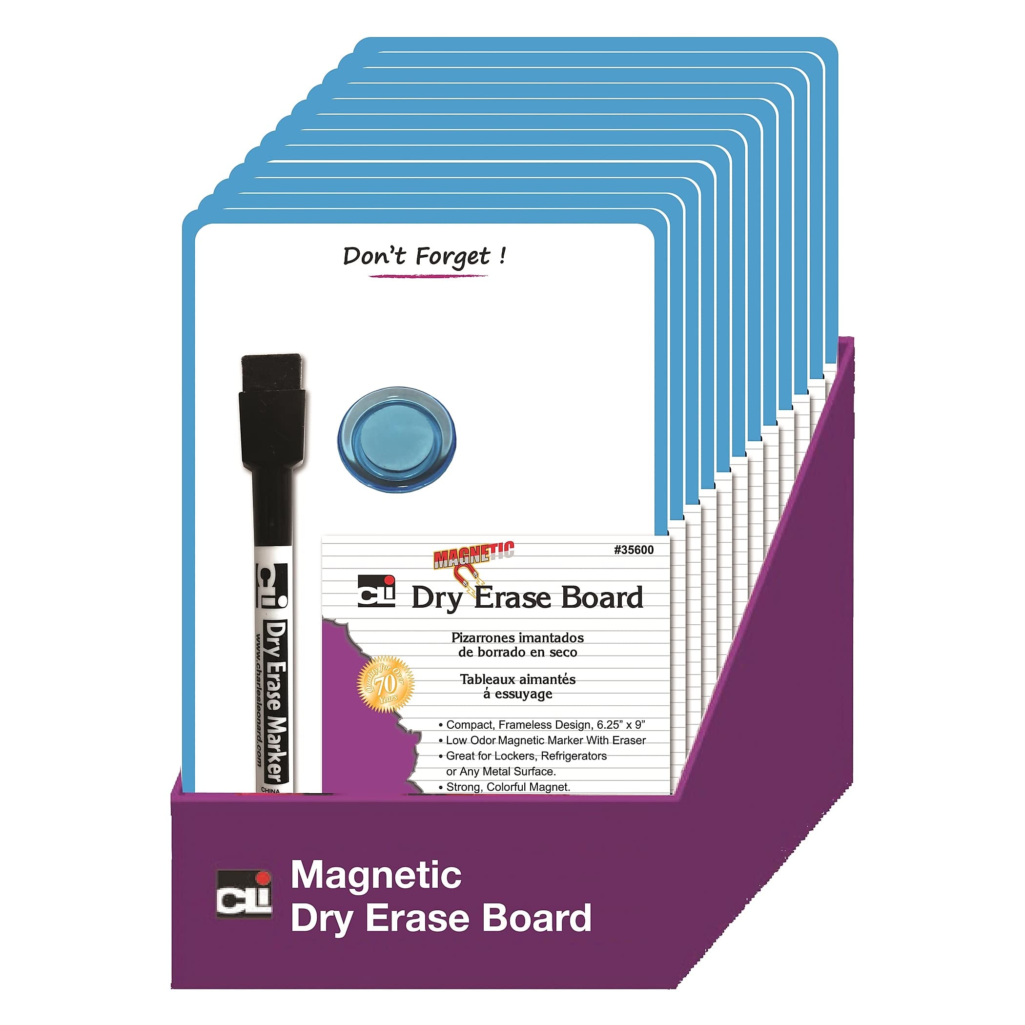 Charles Leonard Magnetic Mini Dry Erase Boards, 6-1/4" x 9", Marker w/Eraser and 1 Magnet, Blue Frame, Pack of 12