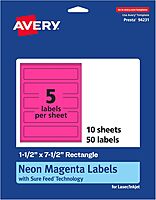 Avery Printable Rectangle Labels, Sure Feed Technology, 1-1/2" x 7-1/2", Neon Magenta Labels, Print-to-The-Edge, Laser/Inkjet Printable, 50 Total, Great for Candles and Jars 50 labels