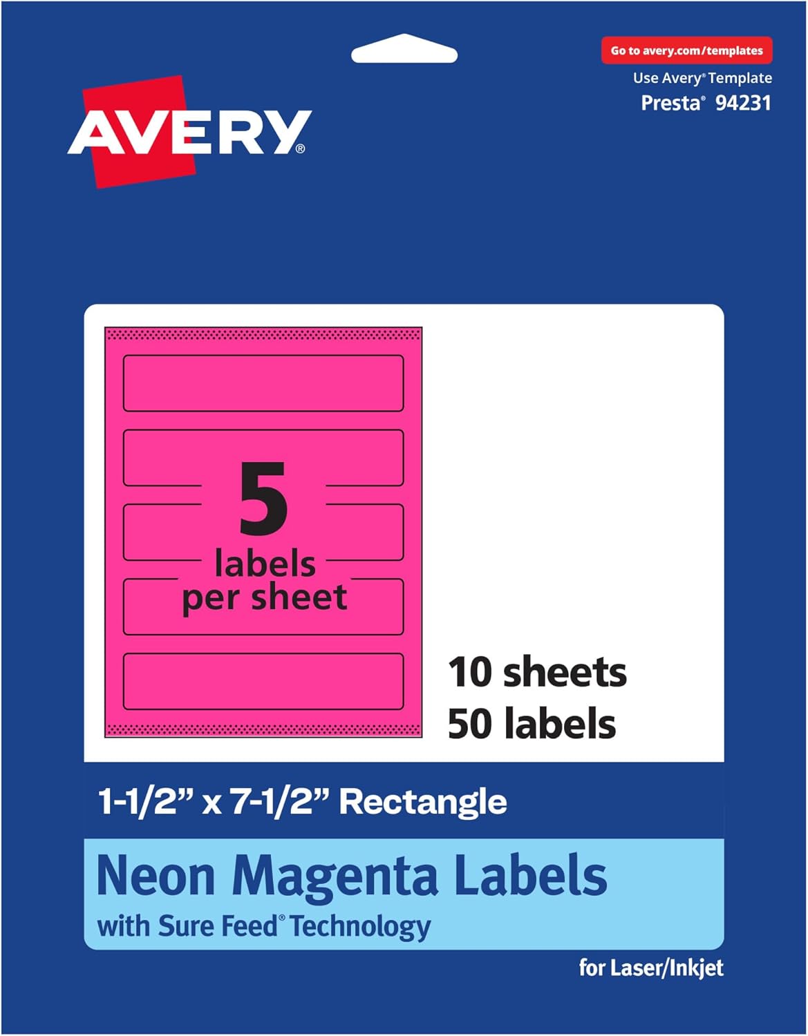 Avery Printable Rectangle Labels, Sure Feed Technology, 1-1/2" x 7-1/2", Neon Magenta Labels, Print-to-The-Edge