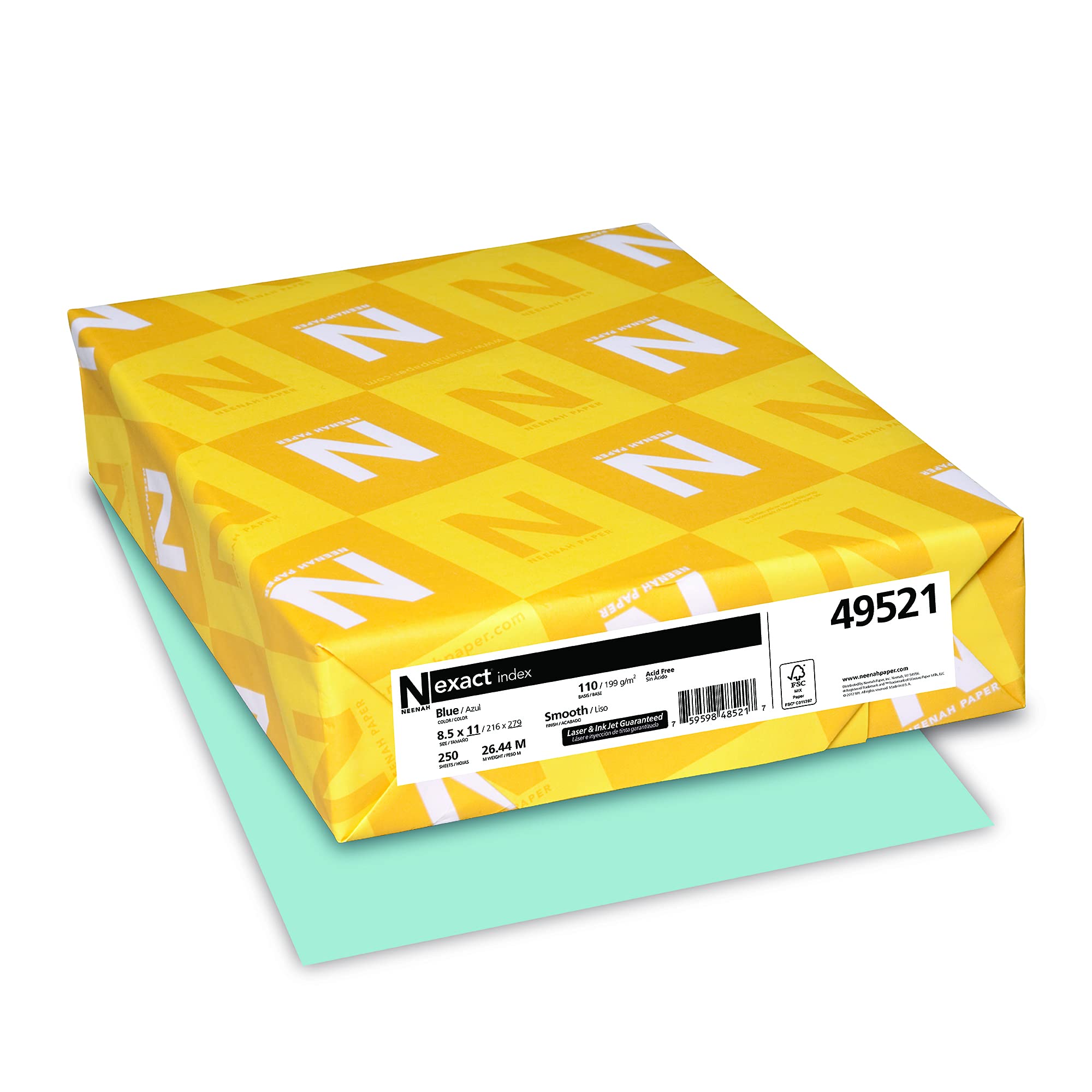 Neenah Paper Exact Index Card Stock, 110 lb Index Weight, 8.5 x 11, Blue, 250/Pack