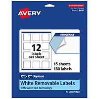 Avery Matte White Removable Square Labels, Sure Feed Technology, Print-to-The-Edge, 2" x 2", 180 Removable Labels, Laser/Inkjet Printable 180 labels