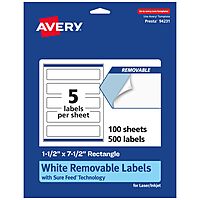Avery Matte White Removable Rectangle Labels, Sure Feed Technology, Print-to-The-Edge, 1.5 x 7.5