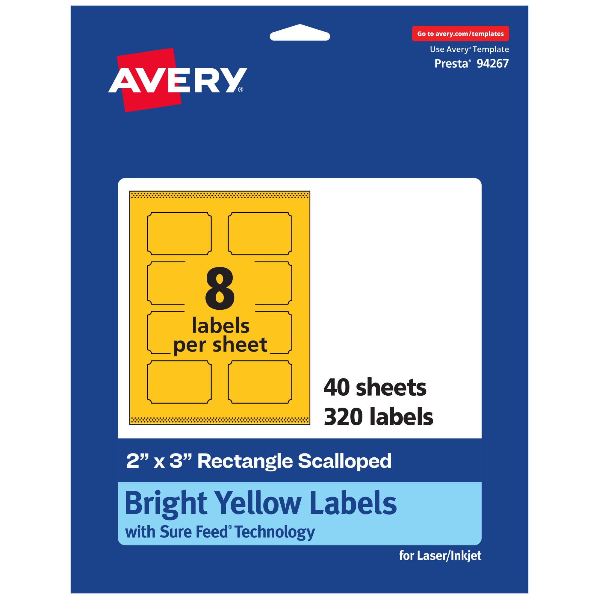 Avery Printable Rectangle Scalloped Labels, Sure Feed Technology, 2" x 3", Bright Yellow, Print-to-The-Edge