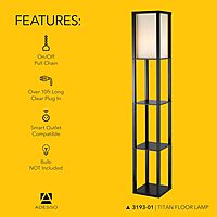 Adesso Square Floor Lamp with 3-Tier Open Shelves, Black Base, Fabric Shade, 72” T x 10.5” W, Extended Length Cord