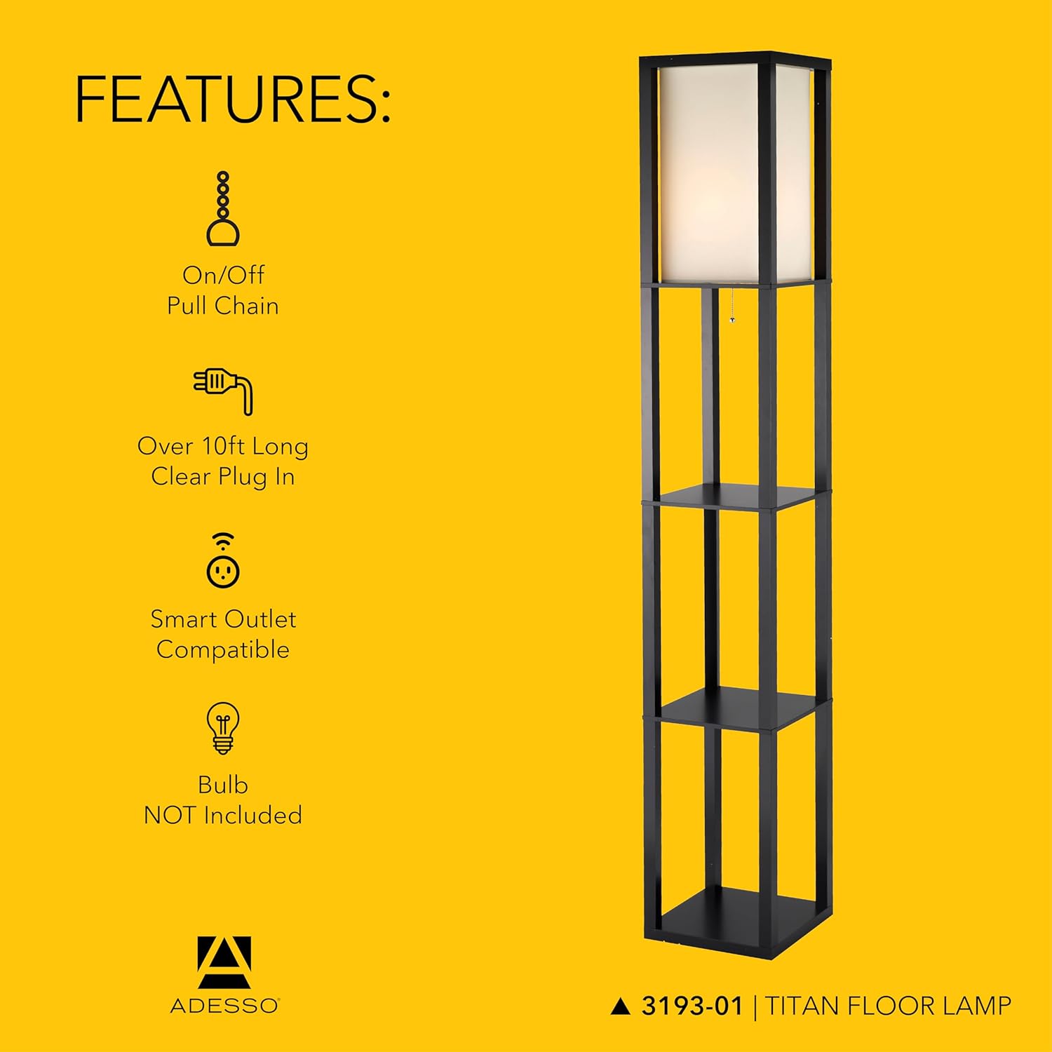Adesso Square Floor Lamp with 3-Tier Open Shelves, Black Base, Fabric Shade, 72” T x 10.5” W, Extended Length Cord