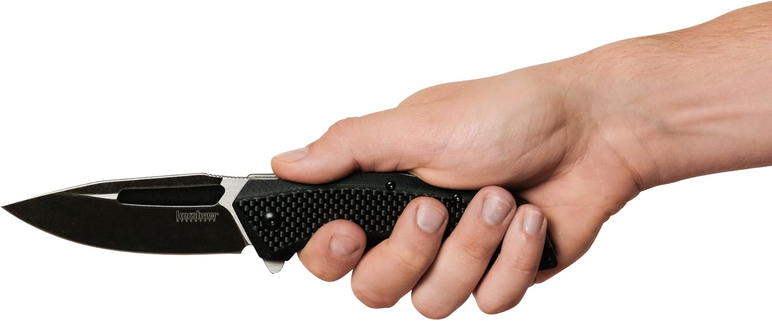 Kershaw Flourish Pocket Knife (3935); 3.5-Inch Blackwash Clip Point Blade with Black Carbon Fiber Handle