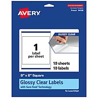 Avery Glossy Clear Square Labels, Sure Feed Technology, 8" x 8", Laser/Inkjet Printable