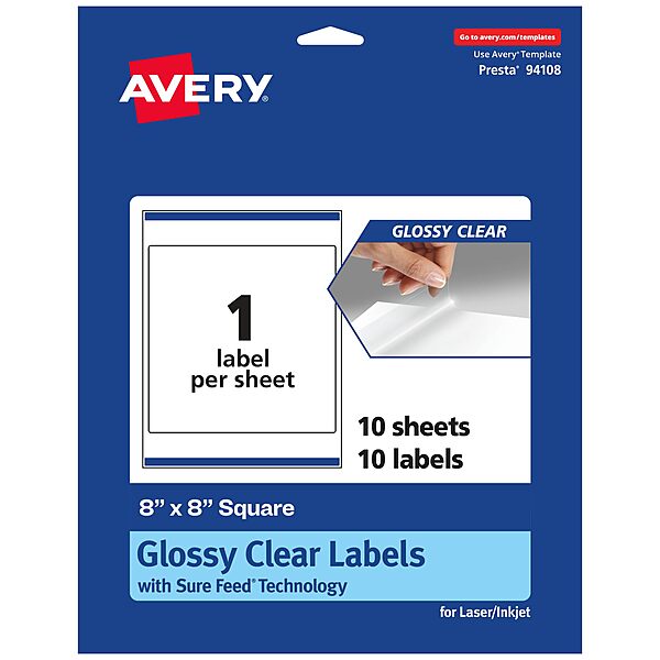 Avery Glossy Clear Square Labels, Sure Feed Technology, 8" x 8", Laser/Inkjet Printable