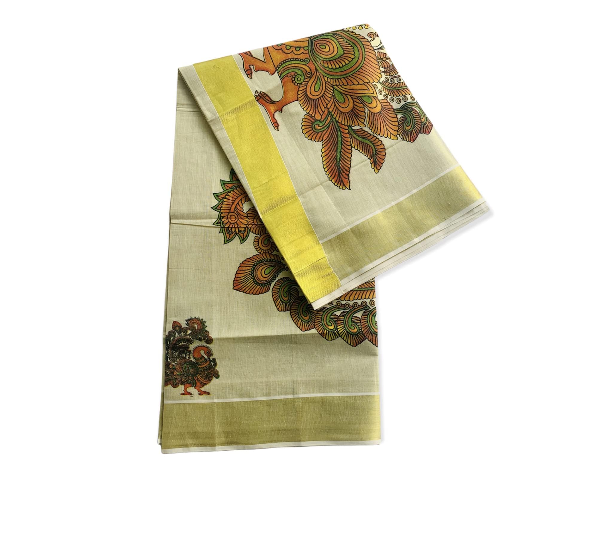 Kuthampully Kerala Kasavu Saree Tissue Mural Painted | Traditional South Indian Saree | Onam Saree | Kerala Saree - Multi Color - Multi Color KTM-694