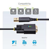 StarTech.com 6.6ft/2m USB to Serial Adapter Cable, COM Retention, FTDI, USB-A to DB9 RS232, Interchangeable DB9 Screws/Nuts