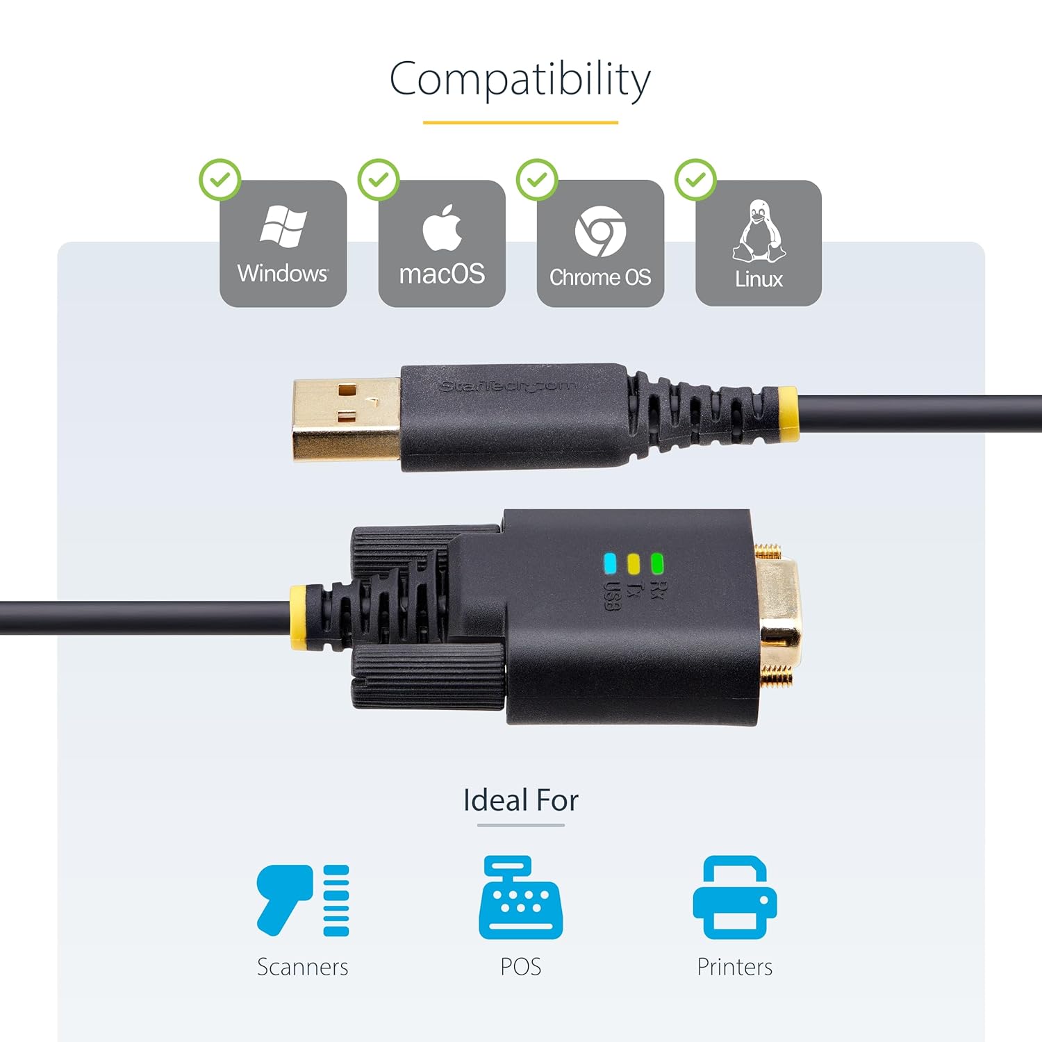 StarTech.com 6.6ft/2m USB to Serial Adapter Cable, COM Retention, FTDI, USB-A to DB9 RS232, Interchangeable DB9 Screws/Nuts