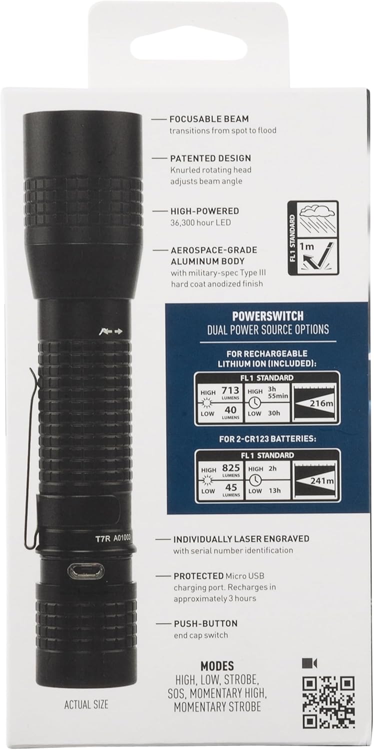 Nite Ize INOVA T7R PowerSwitch Rechargeable Focusing Flashlight - Tactical PowerSwitch LED Flashlight for First Responders