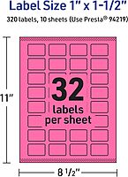 Avery Printable Rectangle Labels, Sure Feed Technology, 1\" x 1-1/2\", Bright Pink, Print-to-The-Edge, Laser/Inkjet Printable
