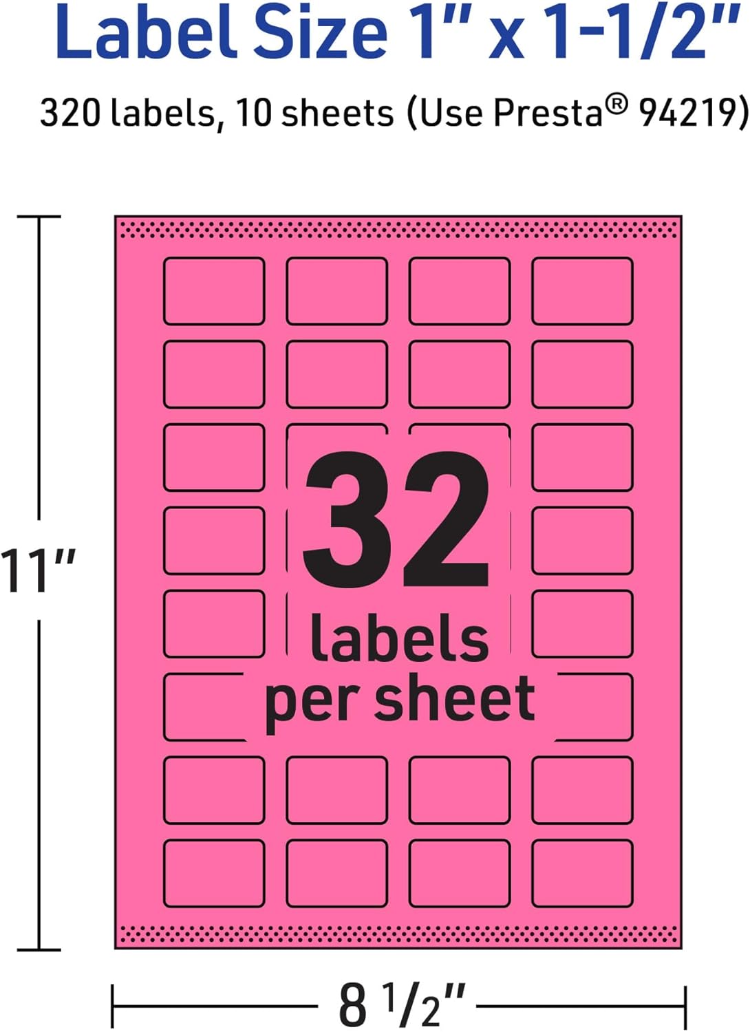 Avery Printable Rectangle Labels, Sure Feed Technology, 1\" x 1-1/2\", Bright Pink, Print-to-The-Edge, Laser/Inkjet Printable