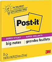 Post-it Super Sticky Big Notes, 11 in x 11 in, 1 Pad, 2X The Sticking Power, Yellow, Recyclable (BN11)