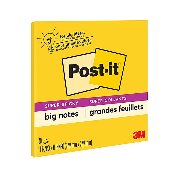 Post-it Super Sticky Big Notes, 11 in x 11 in, 1 Pad, 2X The Sticking Power, Yellow, Recyclable (BN11)