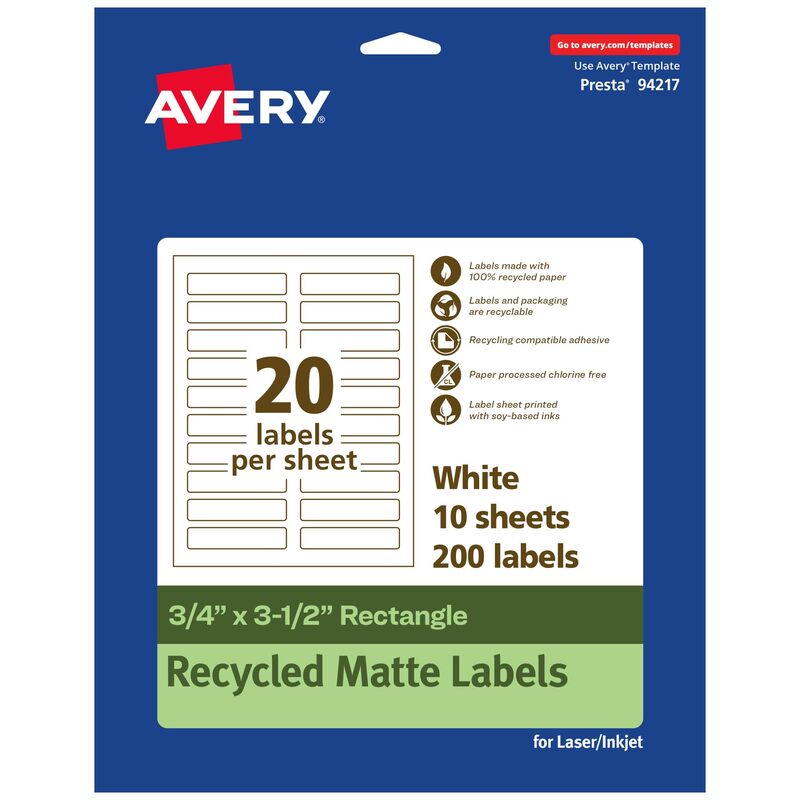 Avery EcoFriendly Matte White Recycled Rectangle Labels, 0.75" x 3.5", Print-to-The-Edge, Matte White Labels, Permanent Adhesive, Laser/Inkjet Printable, 200 Total