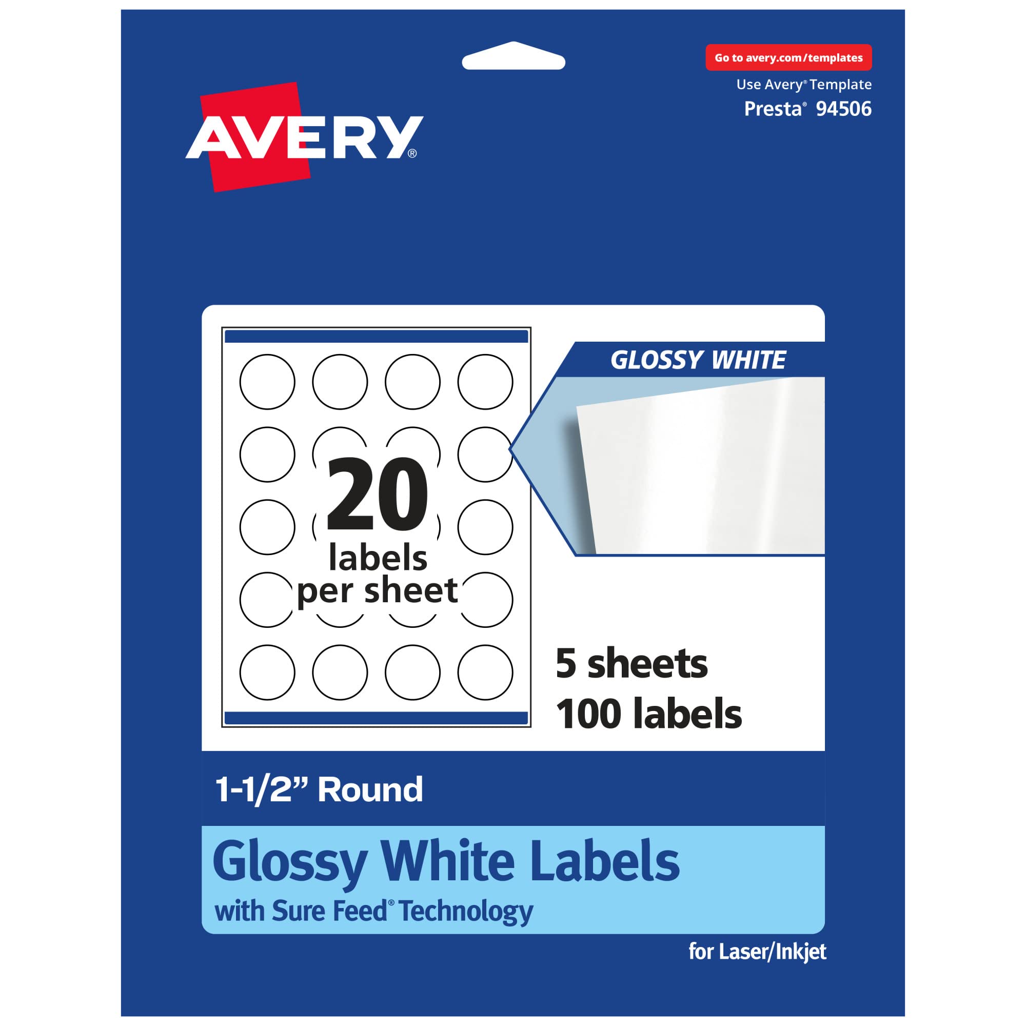 AVERY Round Labels, Sure Feed Technology, 1.5" Diameter, Glossy White