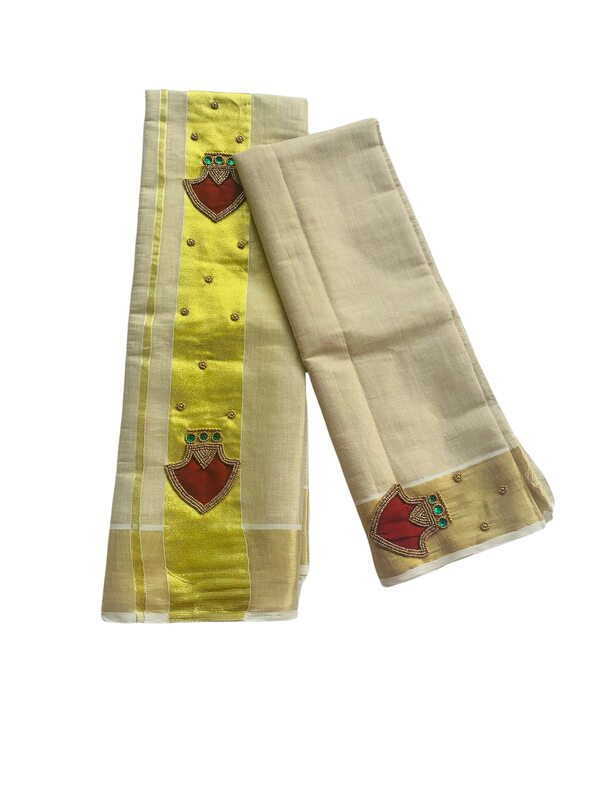 Kuthampully Kerala Kasavu Set Mundu For Women | Handcrafted Aari work Kerala Set Mundu | Tissue Onam Set Mundu With Blouse | Women's Zari Kasavu | EKM-601 (Maroon)