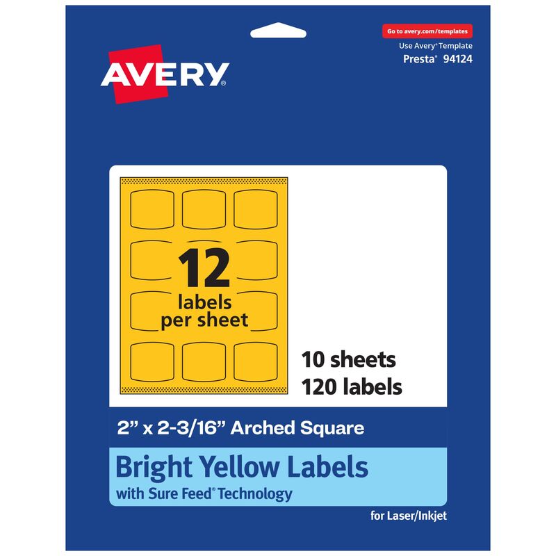 Avery Printable Arched Square Labels with Sure Feed Technology, 2" x 2-3/16", Bright Yellow, Print-to-the-Edge, Laser/Inkjet