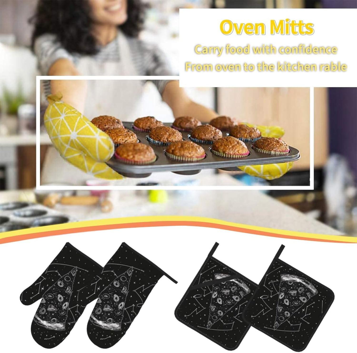 Pizza Constellation Oven Mitts and Pot Holders Set of 4 - Heat Resistant, Waterproof Fabric - Ideal for Kitchen, Baking