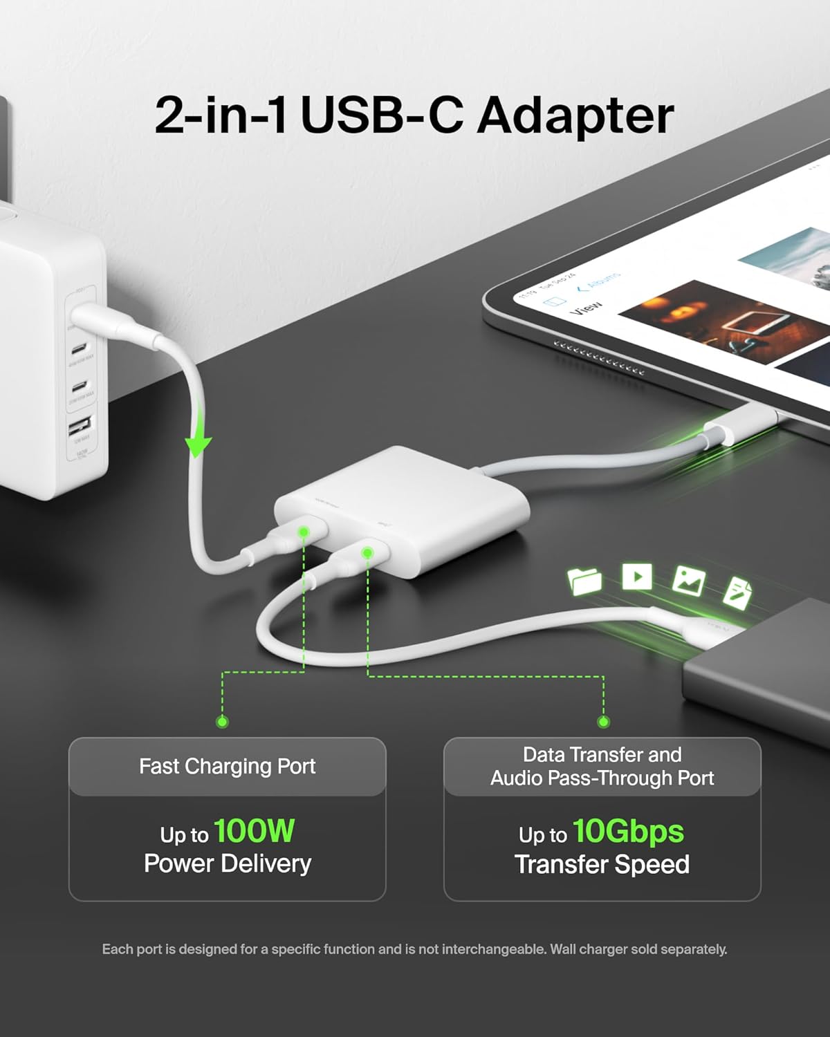 Belkin USB C Splitter - Dual Port Hub - 1 x USB-C 3.2 Gen2 Port & 1 x 100W PD Port