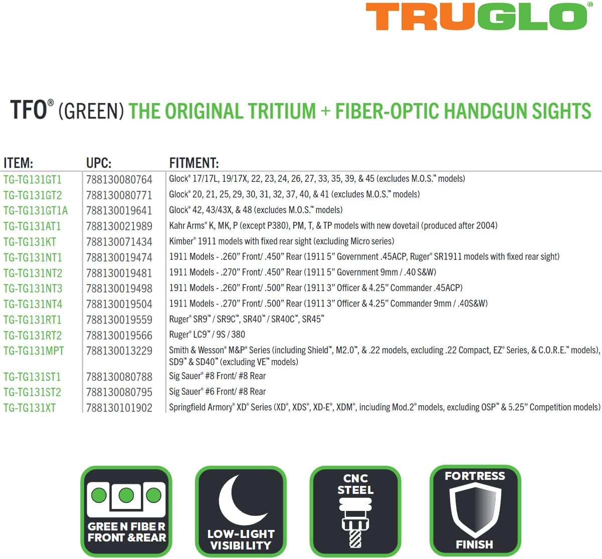 TRUGLO TFO Tritium & Fiber-Optic Front & Rear Handgun Sight Set Compatible with Sig Sauer Handguns