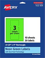 Avery Printable Neon Green Rectangle Labels, Sure Feed Technology, 2.5 x 4