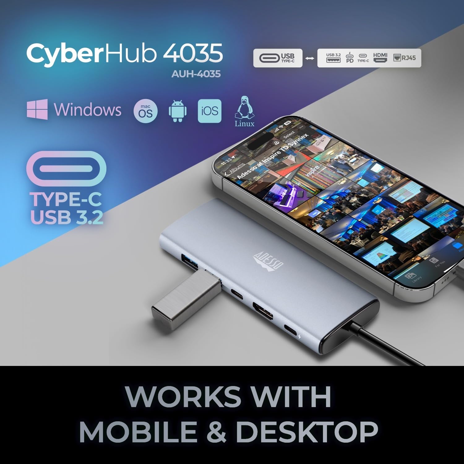 Adesso AUH-4035 7 in 1 Docking Station, Supports USB C to x1 4K HDMI, 3X USB-A 3.2, 1x PD, 1x Micro SD, 1x SD Card
