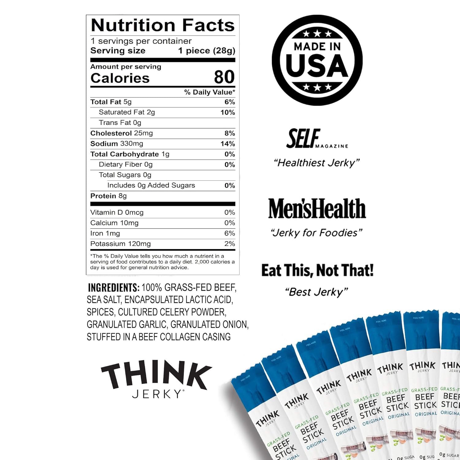 Think Jerky Original Beef Sticks, Gluten and Sugar Free, No Nitrates, Keto Paleo Friendly High Protein Low Carb Meat Snack
