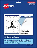 Avery Matte White Removable Round Labels, Sure Feed Technology, Print-to-The-Edge, 3" Diameter, 90 Removable Labels, Laser/Inkjet Printable 90 labels