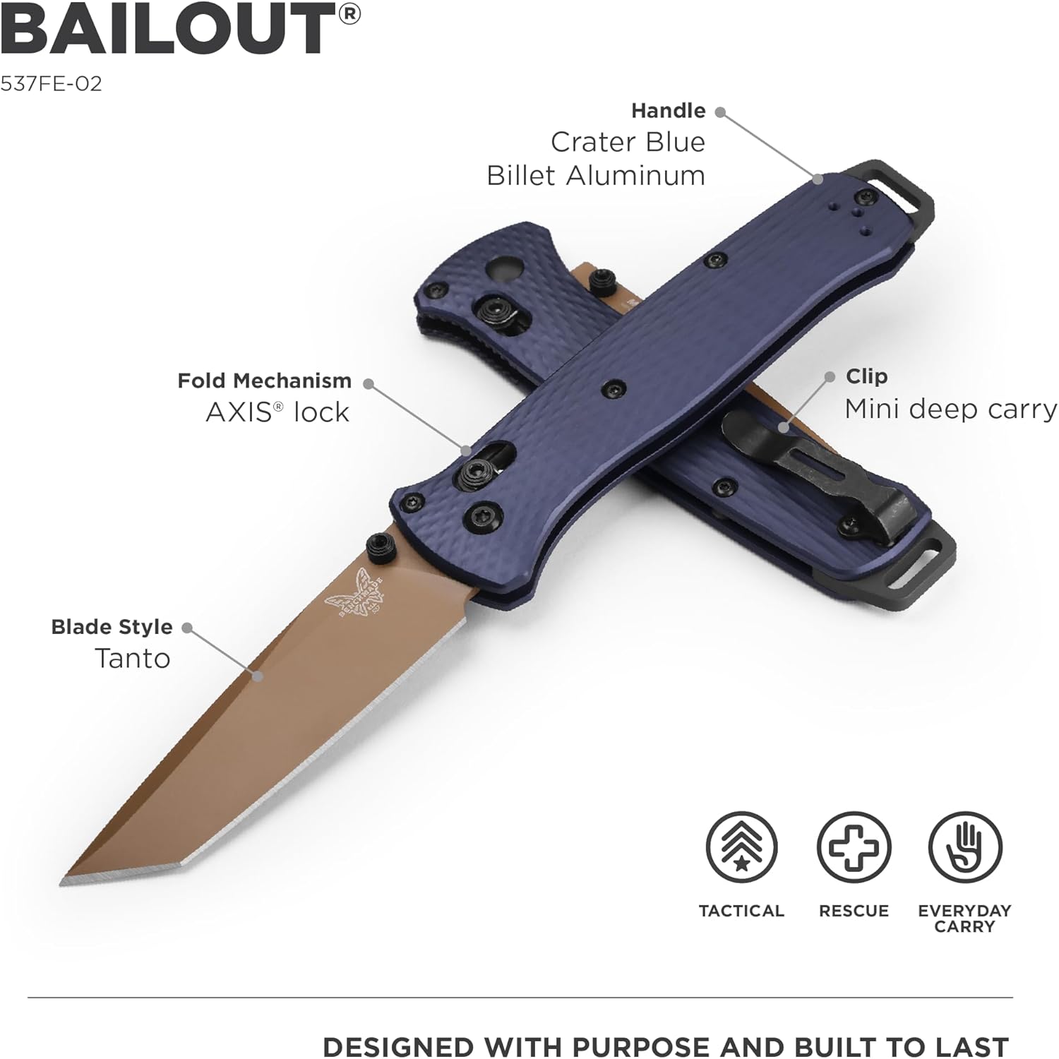 BENCHMADE Bailout 537 Tactical EDC Knife - Tanto Blade, AXIS Lock