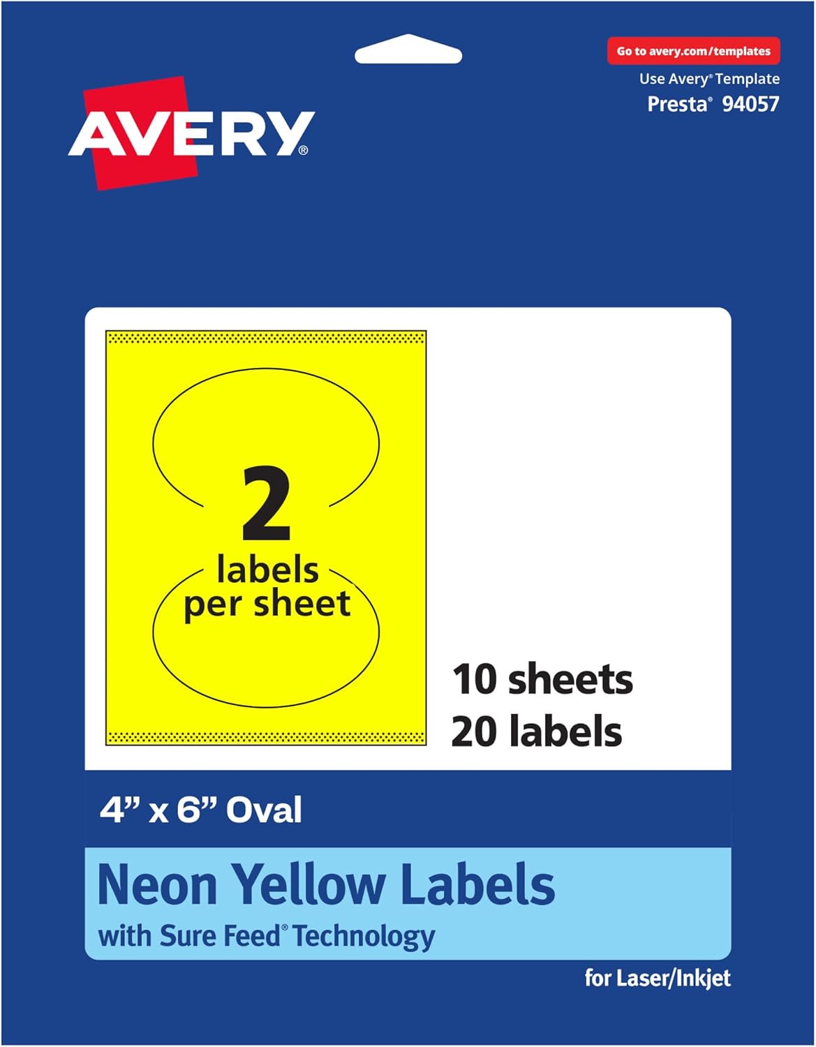 Avery Printable Oval Labels, Sure Feed Technology, 4" x 6", Neon Yellow Labels, Print-to-The-Edge, Laser/Inkjet Printable