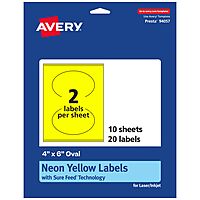 Avery Printable Oval Labels, Sure Feed Technology, 4" x 6", Neon Yellow Labels, Print-to-The-Edge, Laser/Inkjet Printable