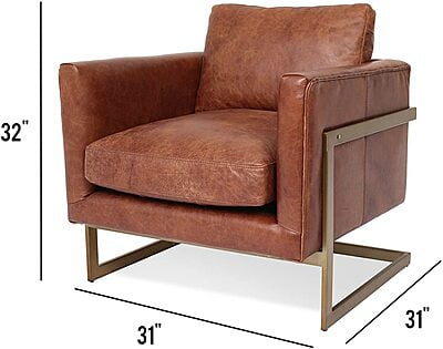 Industrial Tan Leather Armchair (32"H x 31"W x 31"D) | Metal Frame Accent Chair