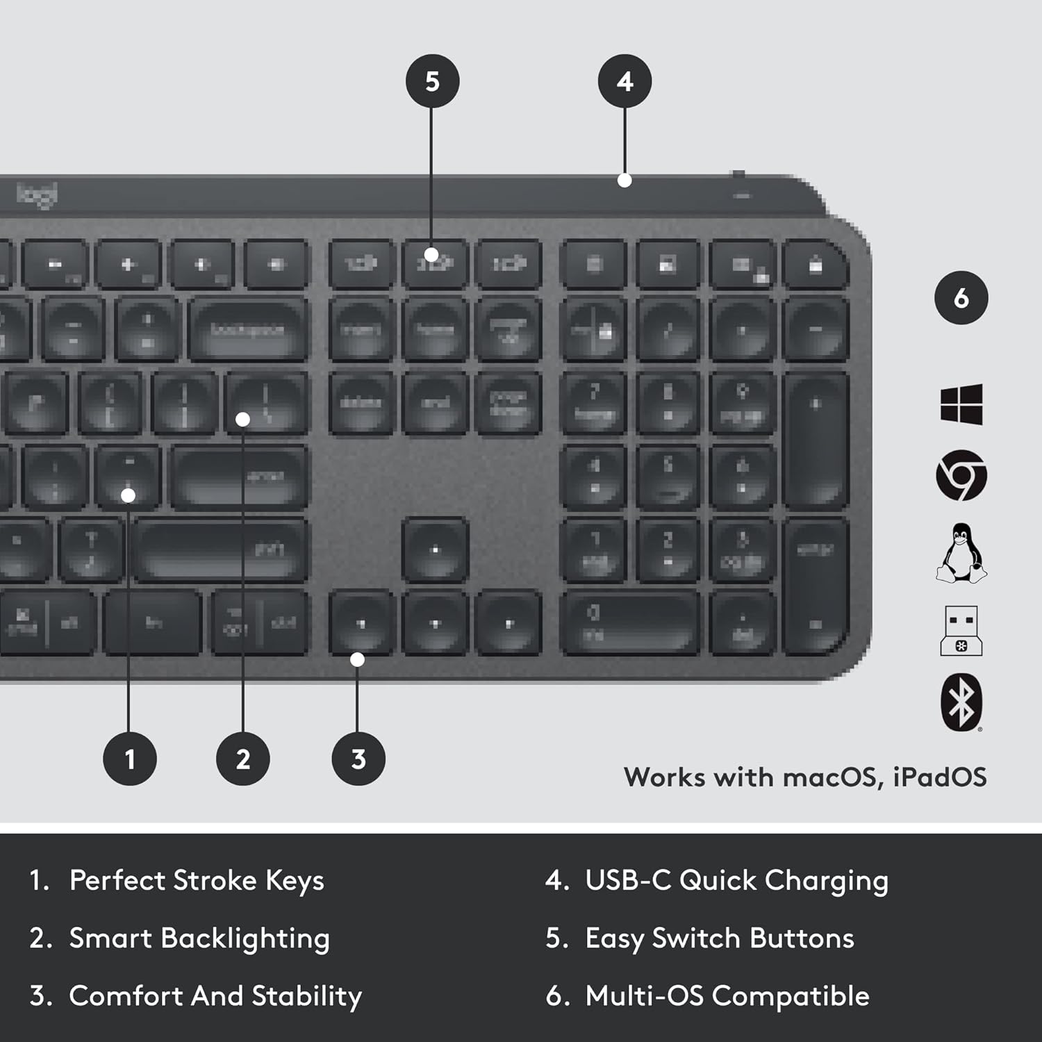 Logitech MX Keys Wireless Illuminated Keyboard for Business, Quiet Perfect-Stroke Keys, Logi Bolt Technology, Bluetooth
